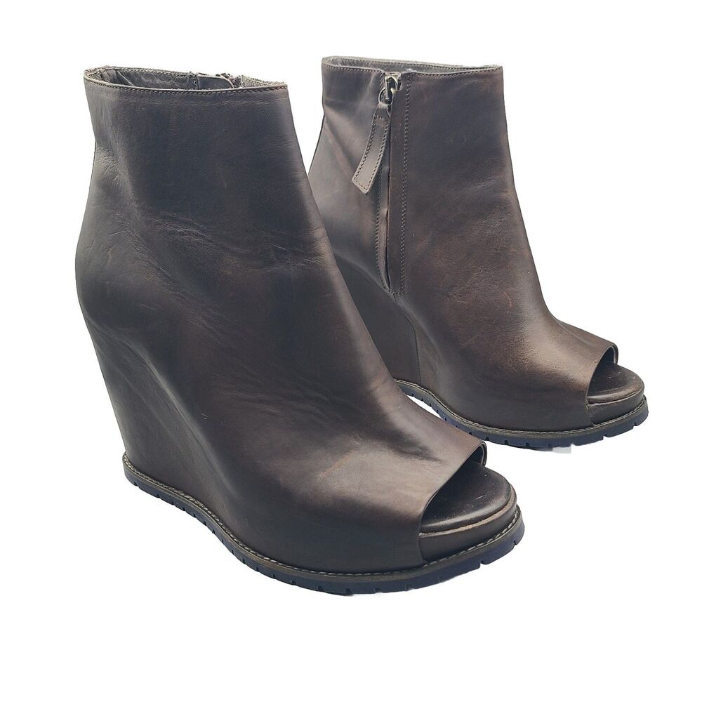 BRUNELLO CUCINELLI Brown Leather Open Toe Bootie Boots Shoes Wedge Zipper Sz 8.5